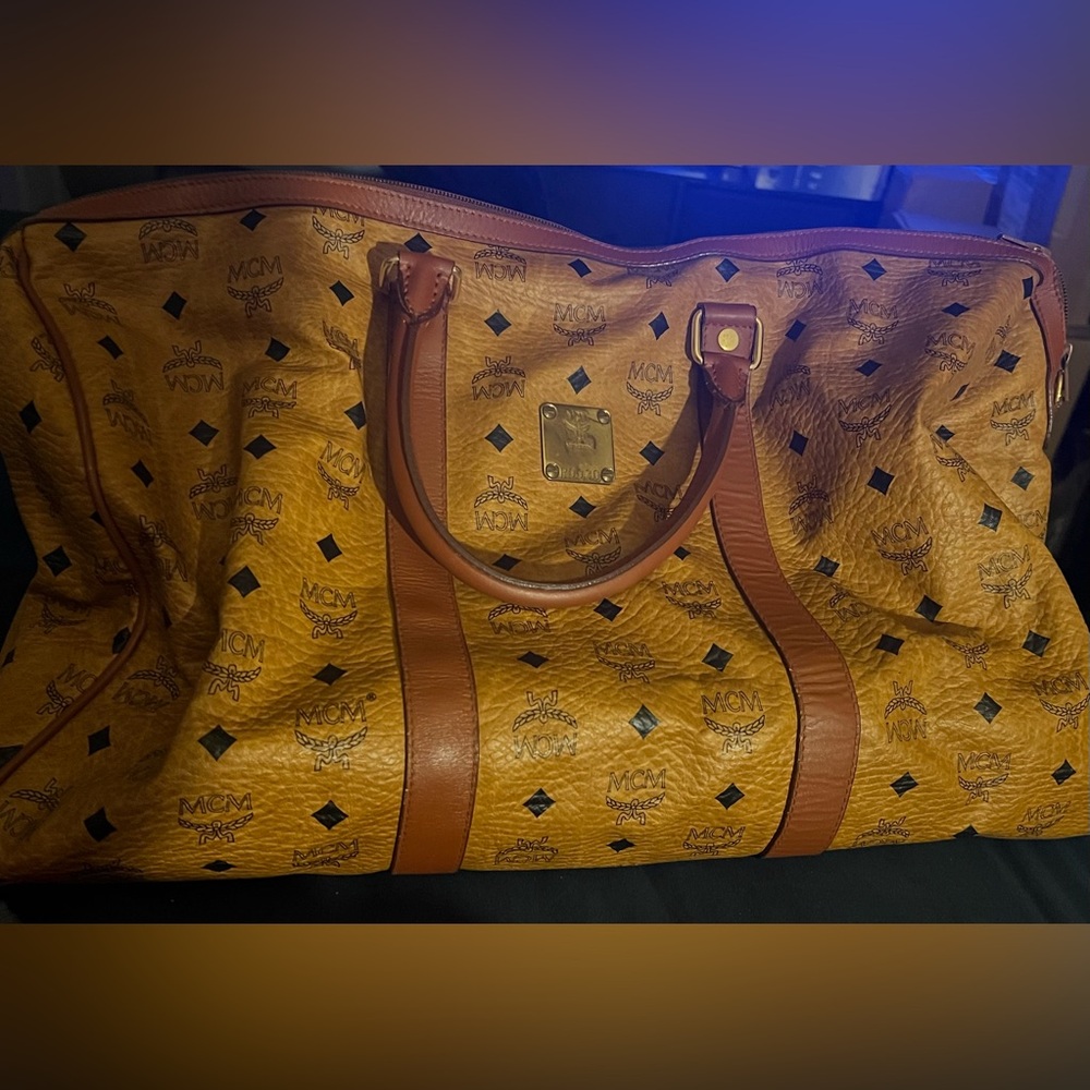 MCM Cognac Visetos Coated Canvas Tote with Brown Leather Trim